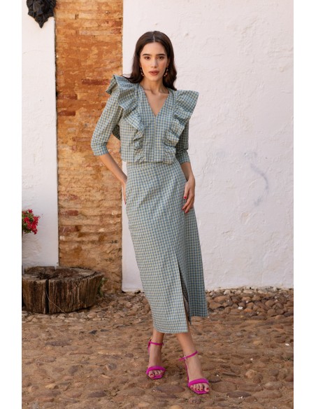 Conjunto de invitada vichy verde con volantes para comuniones