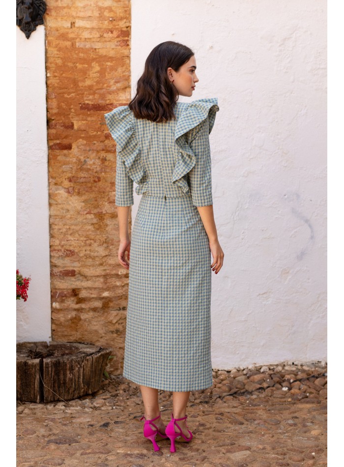 Conjunto de invitada vichy verde con volantes para bautizos