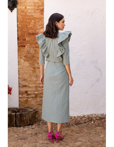 Conjunto de invitada vichy verde con volantes para bautizos