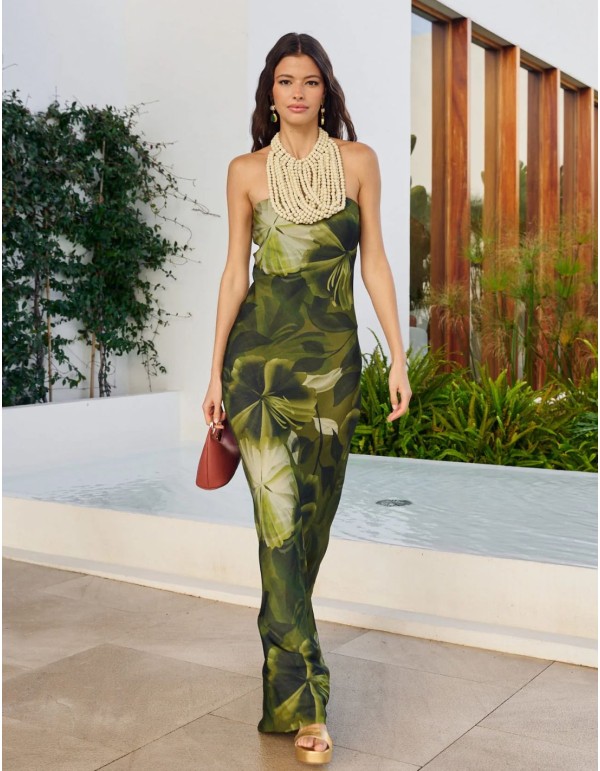 Vestido largo de fiesta estampado con escote palabra de...