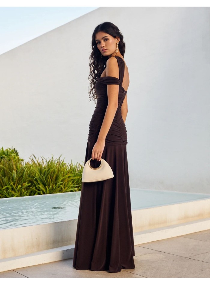 Vestido asimétrico marrón en punto de seda