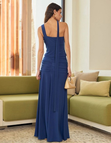 Top asymétrique en maille de soie bleu marine