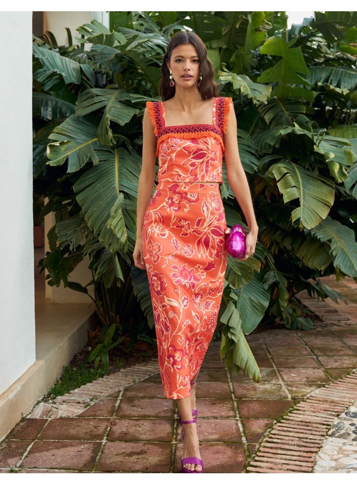 Orange printed midi skirt