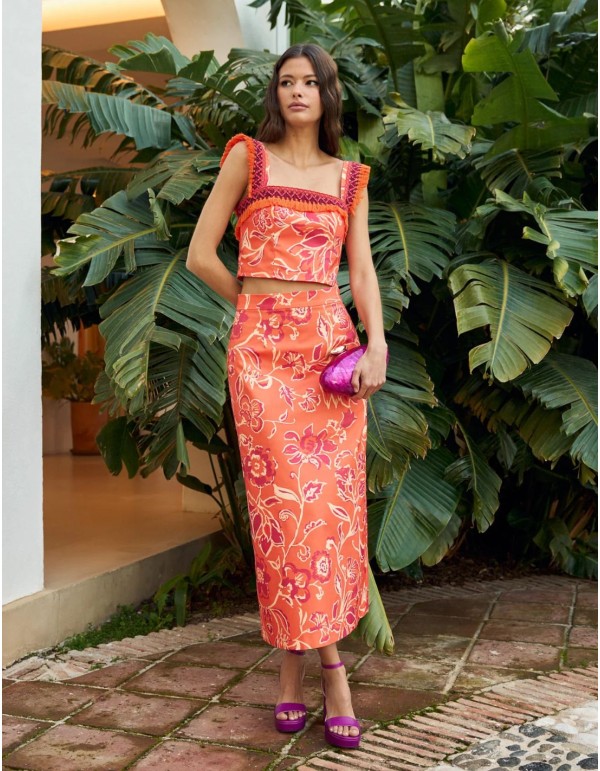 Falda midi estampado naranja