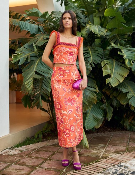 Jupe midi à imprimé orange