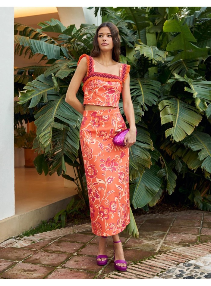 Top imprimé orange avec franges et larges...