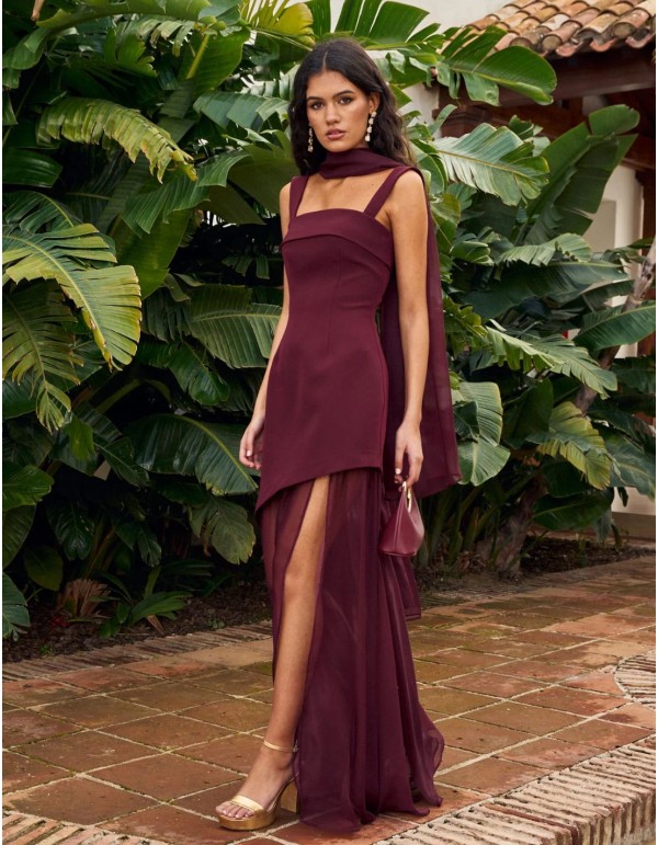 Long party dress with thick straps and asymmetrical skirt