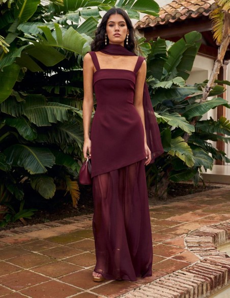 Long party dress with thick straps and asymmetrical skirt