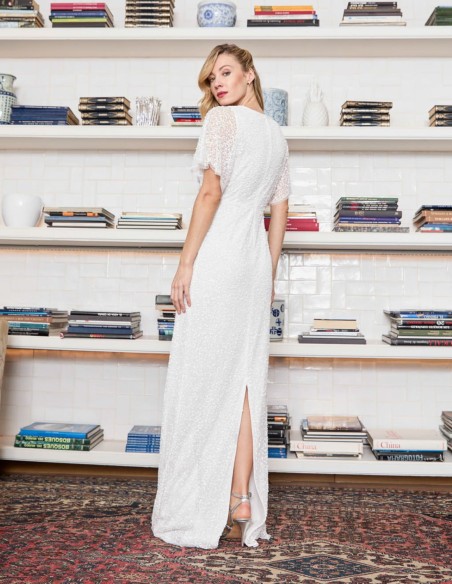 Long party dress with rhinestones and short sleeves