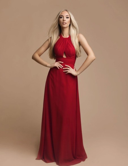 Long red gown with slit at the chest