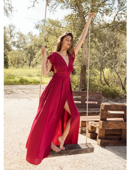 Cherry cherry long dress with ruffles and plunging neckline