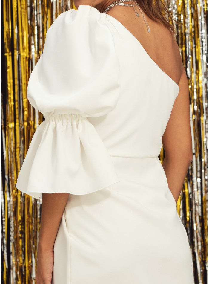 Short white dress with asymmetrical neckline...