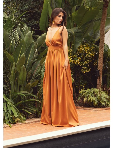 Terracotta long dress with plunging neckline and thin straps