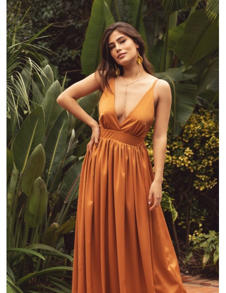 Terracotta long dress with plunging neckline and thin straps
