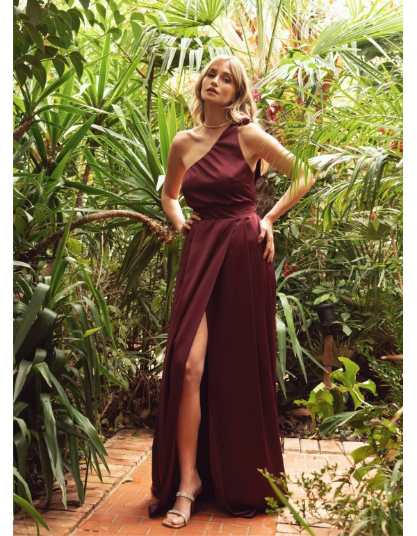 Long burgundy dress with asymmetrical neckline and... 2