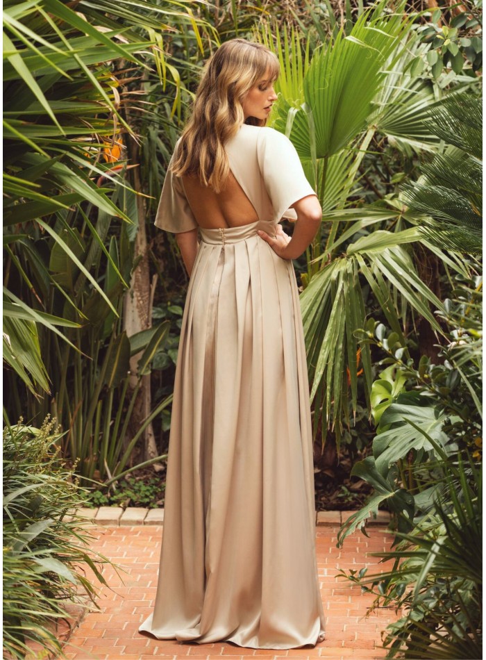 Beige long dress with short sleeves and open back