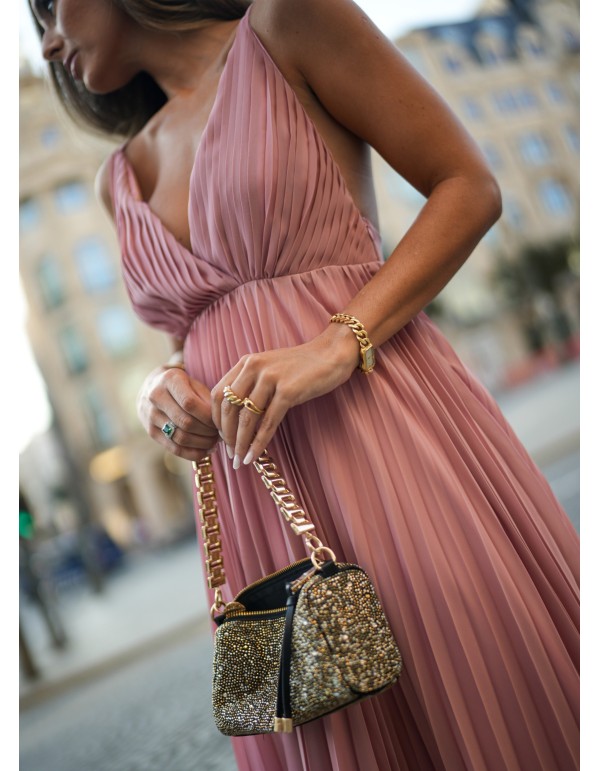 Robe longue plissée avec décolleté plongeant rose 2