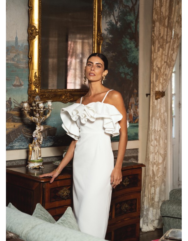 White midi dress with ruffled neckline 2