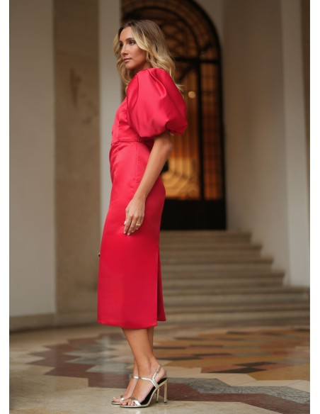 Red midi dress with puffed sleeves