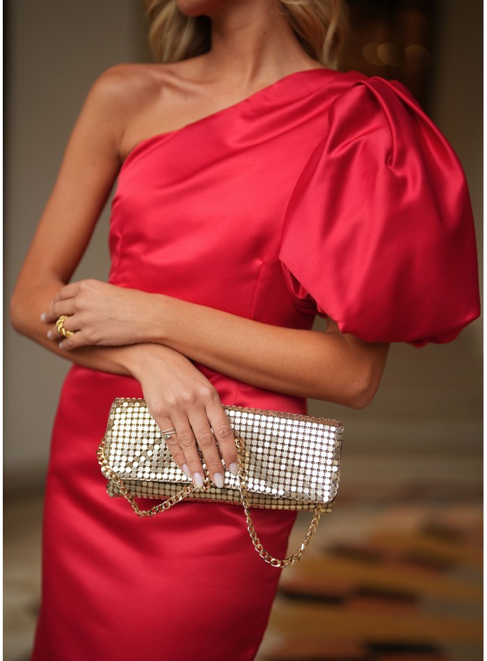 Red midi dress with puffed sleeves