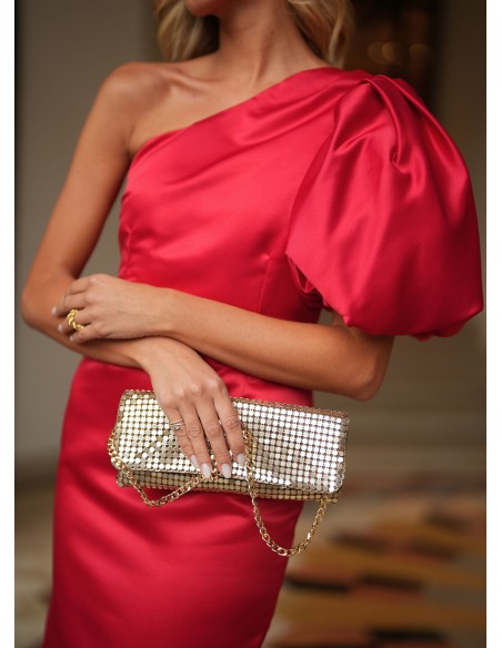 Vestido midi rojo con manga abullonada