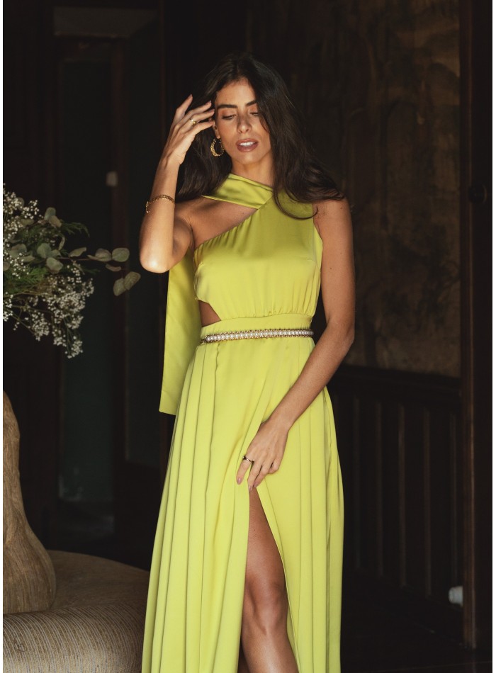 Vestido largo verde lima con aberturas
