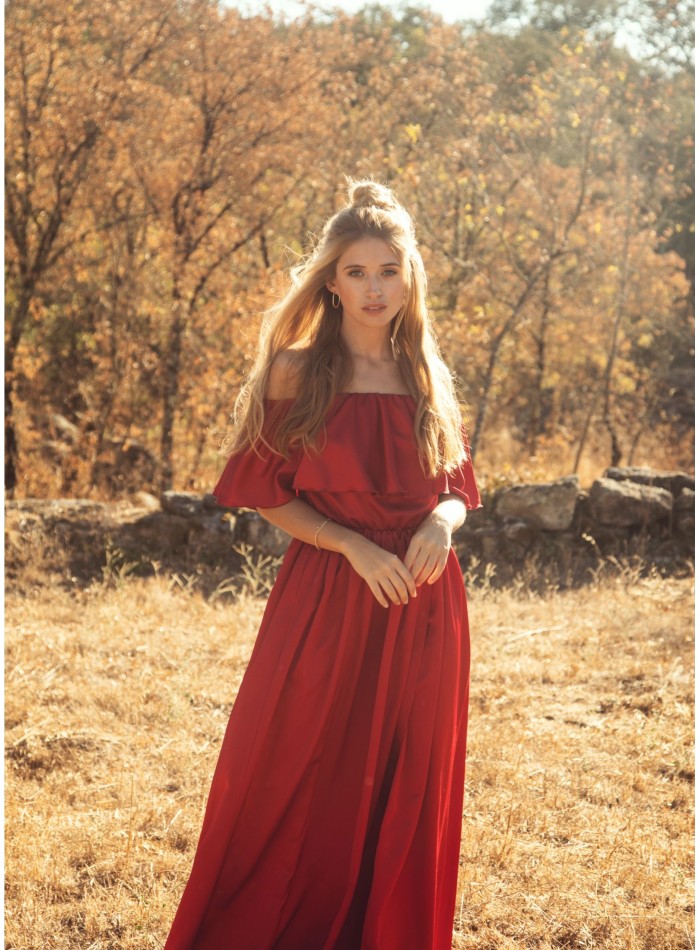 Long red dress with strapless neckline