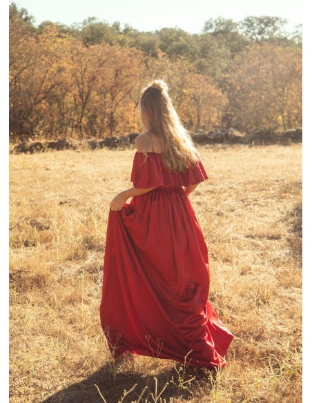 Long red dress with strapless neckline