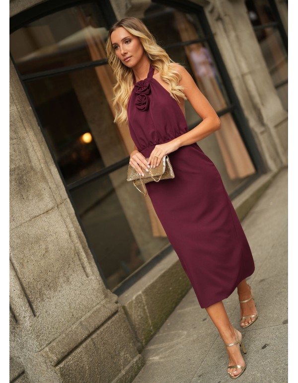Burgundy midi dress with flower details 2
