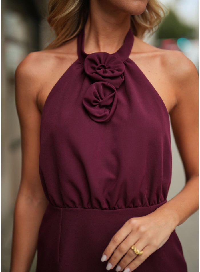 Vestido midi burdeos con detalles de flores