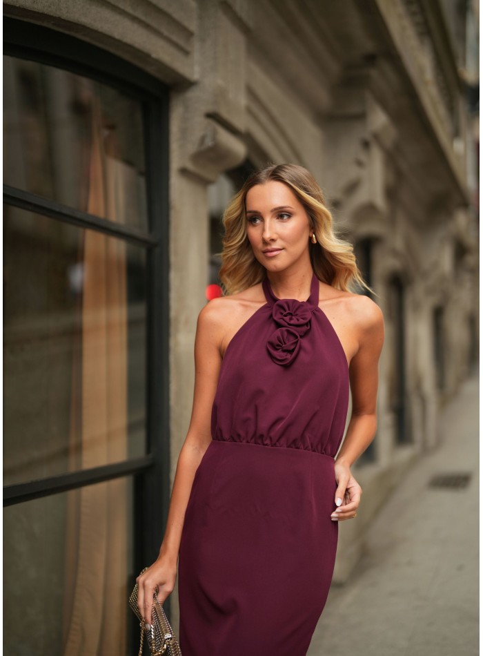 Robe midi bourgogne avec détails floraux