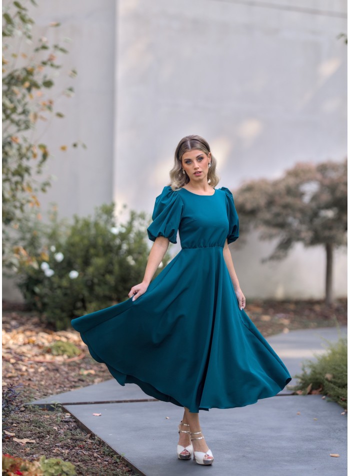 Robe midi verte à manches bouffantes