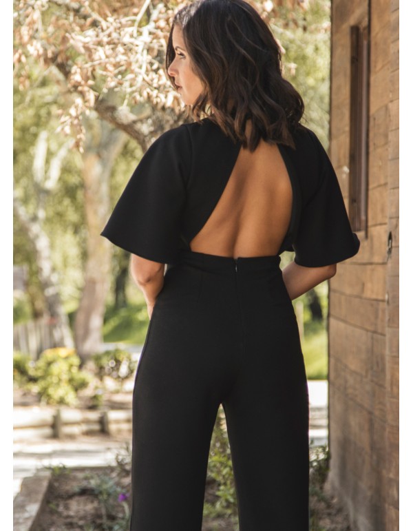 Black long jumpsuit with crossed neckline and open back 2