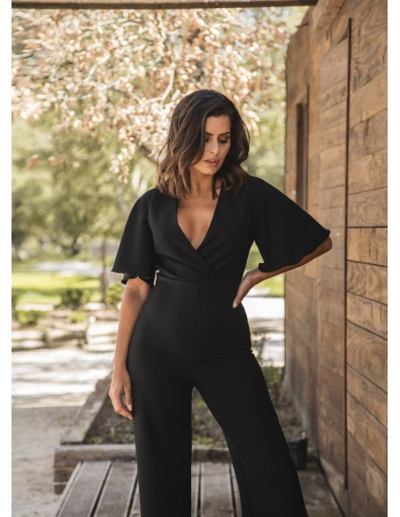 Black long jumpsuit with crossed neckline and open back