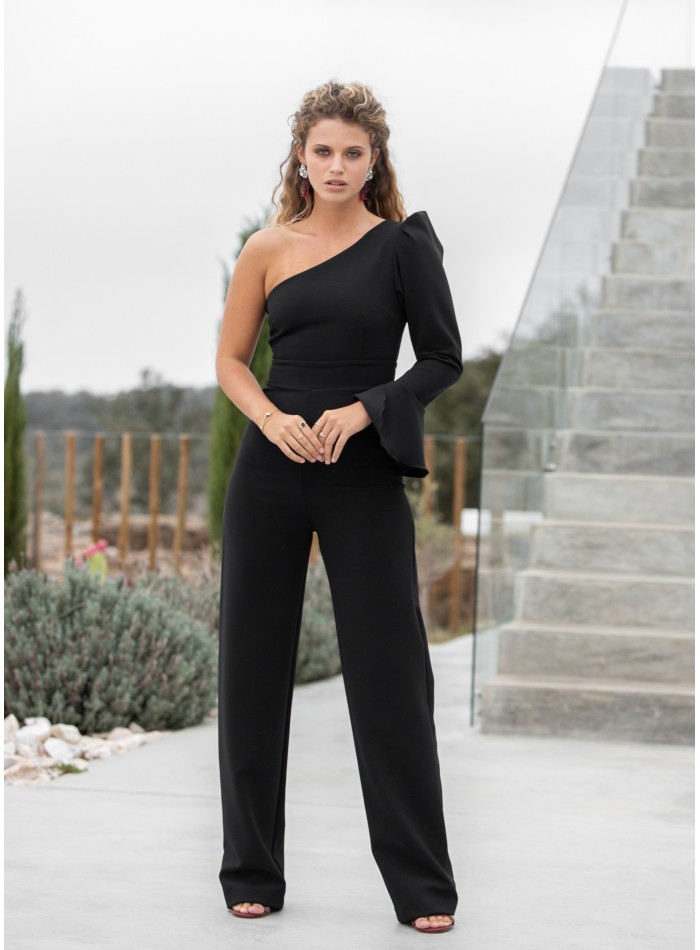 Black party jumpsuit with asymmetric neckline...