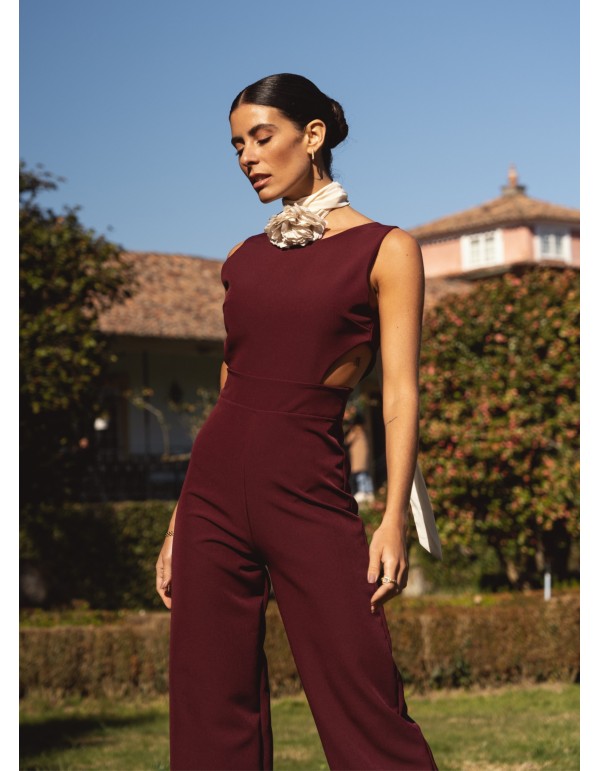 Burgundy long party jumpsuit with side slits 2