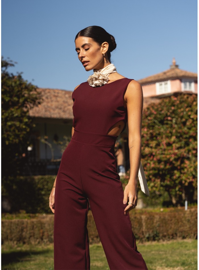 Burgundy long party jumpsuit with side slits