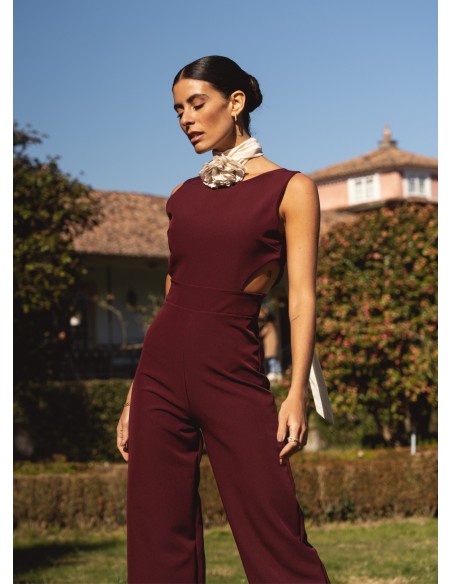 Burgundy long party jumpsuit with side slits