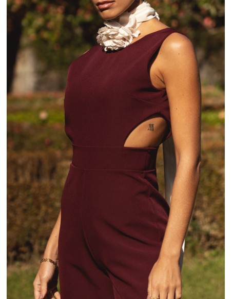 Burgundy long party jumpsuit with side slits