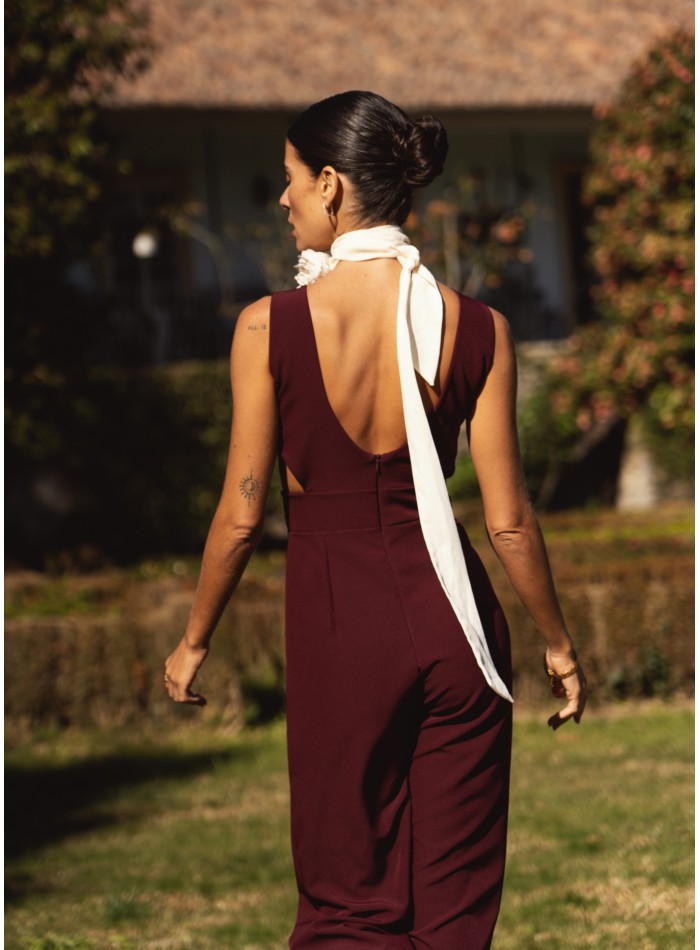 Burgundy long party jumpsuit with side slits