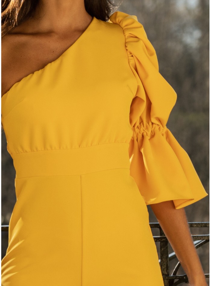 Yellow long jumpsuit with asymmetrical neckline...