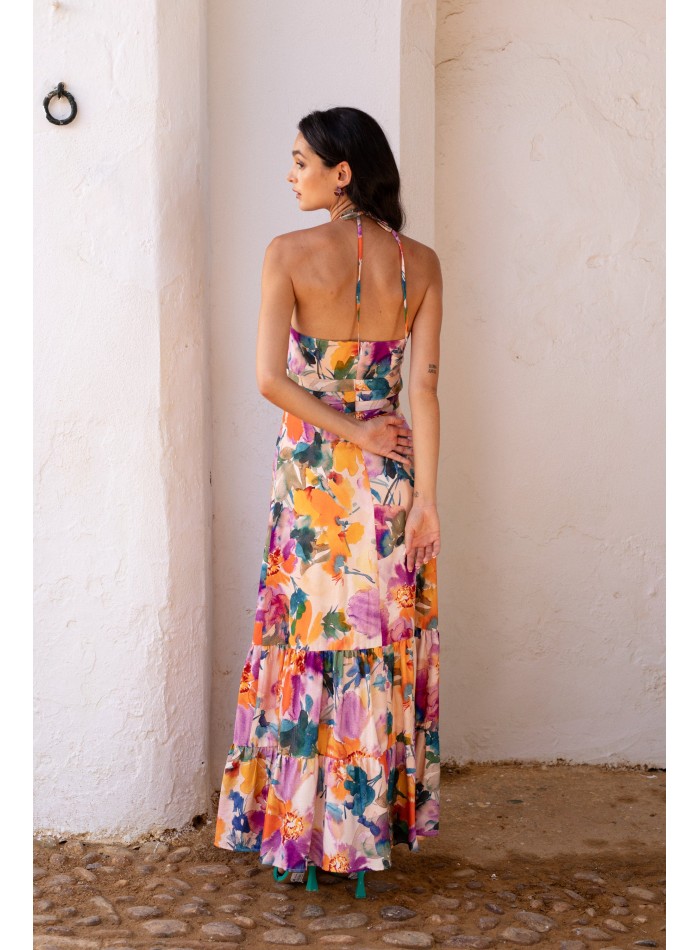 White flower print halter neckline guest dress