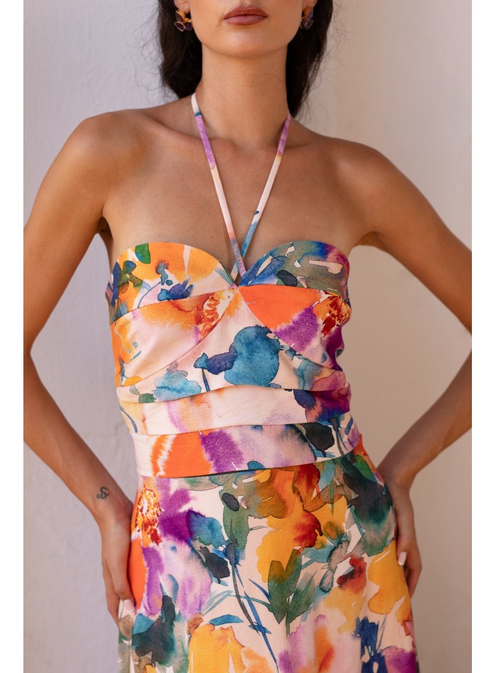 White flower print halter neckline guest dress