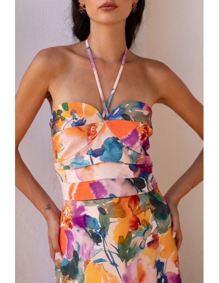 Vestido invitada estampado flor blanco escote halter