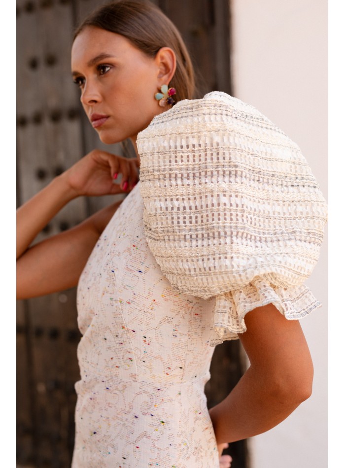 Asymmetrical white ruffled guest dress