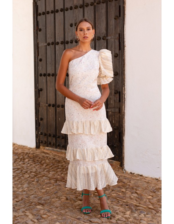 Asymmetrical white ruffled guest dress