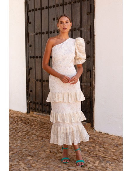 Asymmetrical white ruffled guest dress