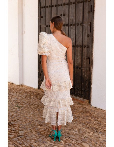 Asymmetrical white ruffled guest dress