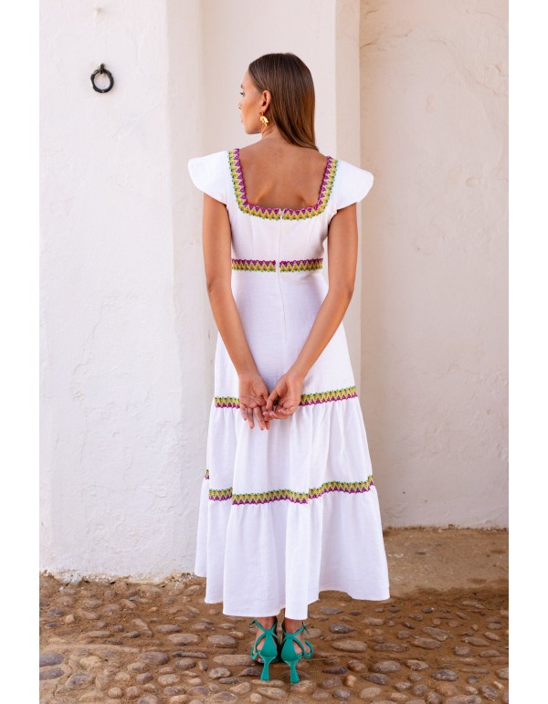 Vestido de invitada en lino blanco con escote cuadrado y... 2