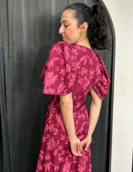Vestido de invitada midi estampada con manga abullonada buganvilla